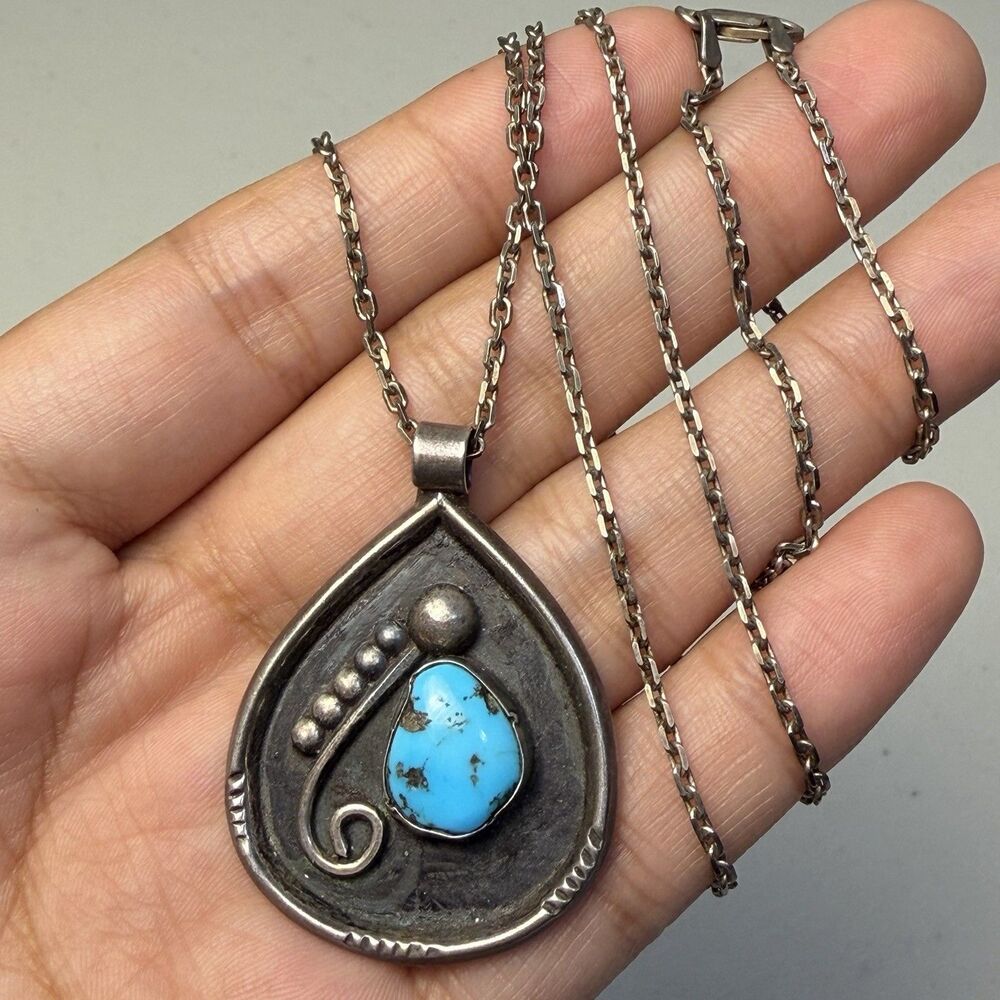 Vintage Sterling Silver Turquoise Signed L. Platero 26 Inch Paper Clip Necklace